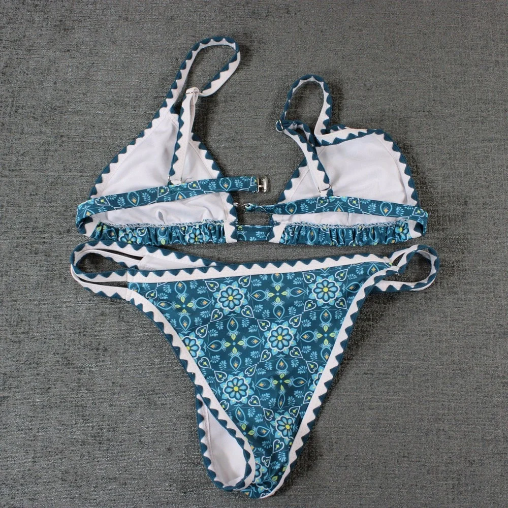 Blue Floral Mandala Ric Rac Trim Triangle Bikini Set High Cut Two Piece Swimsuit